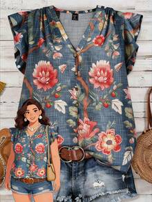 Rusticease 大码女式印花V领单排扣休闲衬衫，荷叶袖 - 彩色 - 查看 8