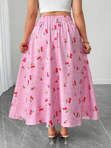 Elenzga Plus Size Women Cute Cherry Print Versatile A-Line Skirt - Multicolor - View 2