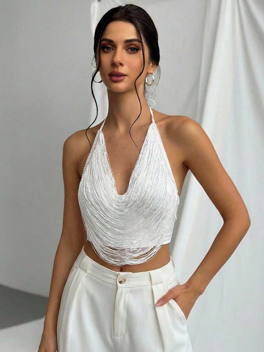 Aloruh 女士性感流苏露背吊带短款上衣，夏季 - 白色 - 查看 1