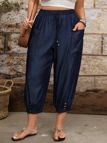 EMERY ROSE Plus Size Boho Navy Blue Pants For Women,Autumn Casual Drawstring Elastic Waist Adjustable Buckle,Side Large Pockets Vacation Holiday Summer Pants - Navy Blue - View 7