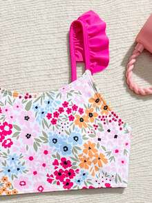 SHEIN 少女比基尼套装，可爱多彩（蓝、粉、黄、红、绿叶、花朵）针织面料，荷叶边裙摆三件套泳衣，时尚休闲优雅，适合游泳、夏季度假、海滩、泳池、节日派对 - 粉色 - 查看 5