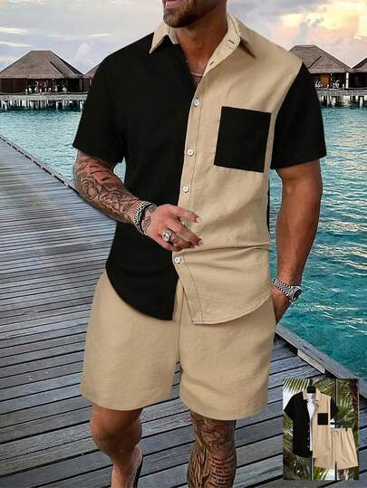 Conjunto casual de camisa de manga corta con botones y pantalones cortos de color contrastante para hombres, con pantalones cortos de natación, trajes para deportes al aire libre, trajes para vacaciones, estilo hawaiano