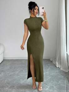 Elenzga Đầm dài nữ cổ đứng, có mũ, eo bo thun, xẻ tà, thanh lịch, thích hợp cho công sở. - xanh quân đội - Xem 7