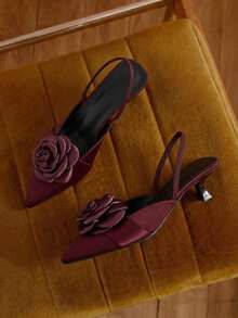 女士简约纯色尖头套脚鞋，百搭优雅派对舒适时尚高跟鞋，饰有花朵图案，缎面鞋面 - 酒紅色 - 查看 1