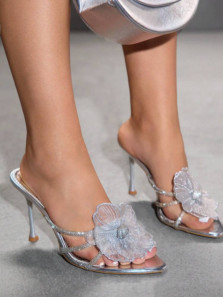 CUCCOO SZL Women Shoes Pointed Stiletto Silver Rhinestone Strips Three-Dimensional Flowers Open Toes Sexy Fashion Gorgeous With Skirts Banquet Party Nightclub Ladies High Heel Sandals Slippers Prom Heels