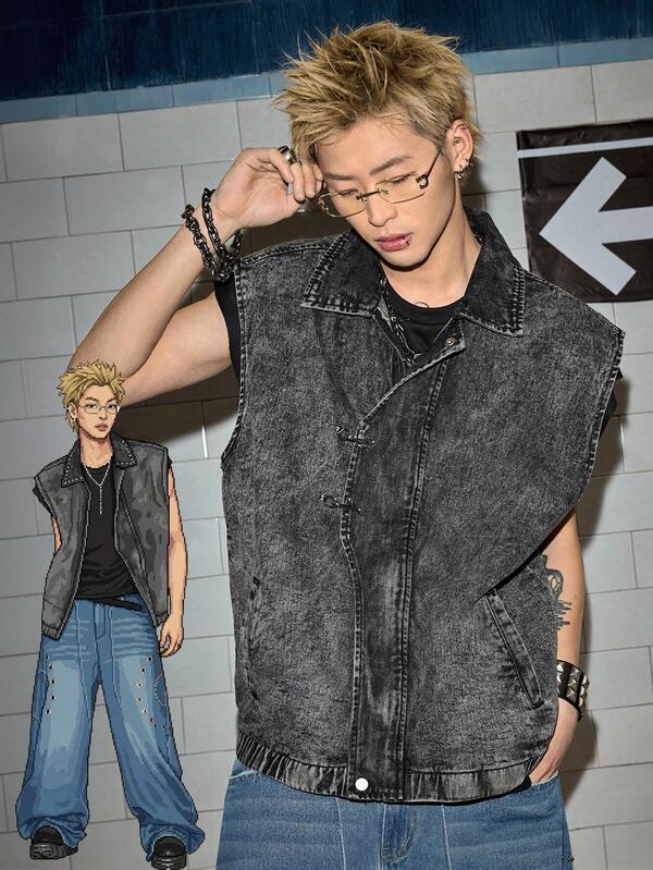 ROMWE MEN Street Life Spring/Summer Casual Graphic Men'S Fashion Airplane Buckle Denim Vest Jacket