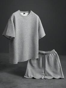 Manfinity Roghcode Men's T-Shirt Set, Knitted Plaid Casual Fashionable Outfit - Grey - View 4