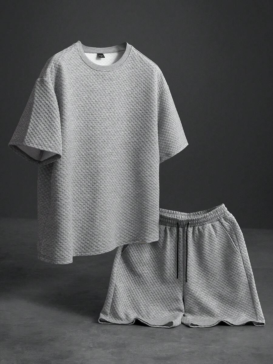 Manfinity Roghcode 男士T恤套装，针织格子休闲时尚装 - 灰色 - 查看 1