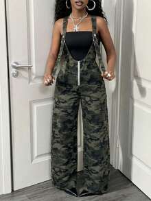 Slaydiva 女士牛仔连体裤，迷彩直筒牛仔连体裤，迷彩丛林主题服装，Y2K 时尚，适合户外、街头、日常、圣诞节、情人节和新年穿着。 - 軍綠色 - 查看 5