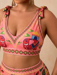 Travachic Plus Size Tropical Print Vacation Casual Beach Wear, Halter Neck Bohemian Style Printed 2-Piece Swimsuit For Women - Multicolor - View 5