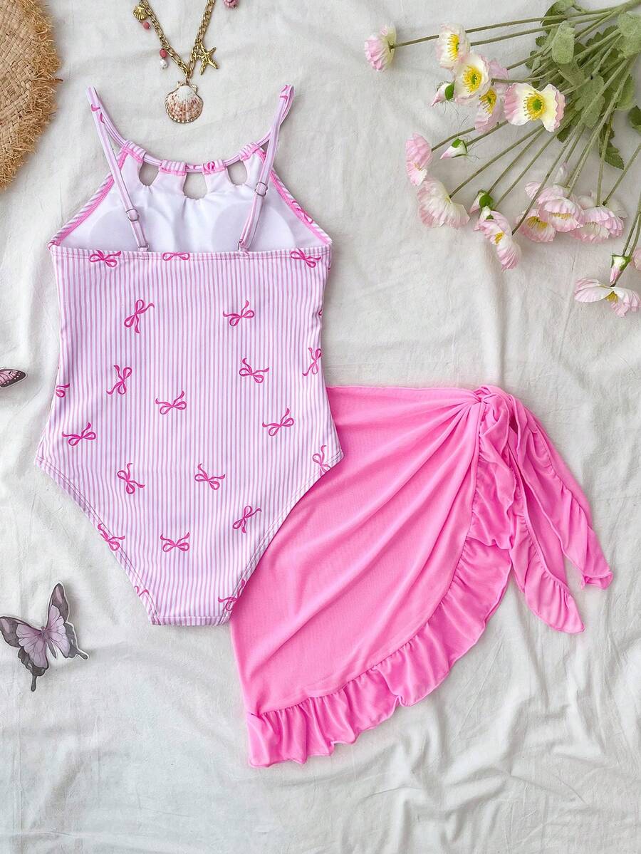 White, Summer, Cute, Pool Party, Vacation, Holiday Tween Girl 1pc Swimsuit, Bow Print Shoulder Strap Ruffle Trim Skirt, Bathing Suit Cover Up Set - Baby Pink - View 1