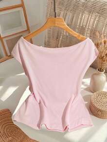 GlowEve CURVE Camiseta con pliegues de unicolor con decoración de perlas de imitación, adecuada para primavera, fiesta, carnaval en tallas grandes - Rosa - Ver 2
