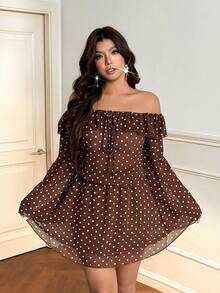 Vionelle Plus Size Sexy Off Shoulder Polka Dot Bow Tie Dress Fall - Brown - View 5