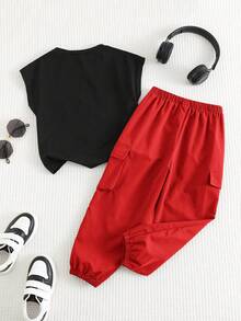 SHEIN 2 piezas Conjunto de niños pequeños de top sin mangas impreso y pantalones con cordón, cómodo y versátil - Rojo - Ver 2