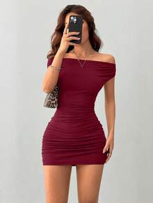 INAWLY Women's Solid Ruched Bodycon Dress, Off The Shoulder Short Dress, Pleated Waist Slim Fit Summer Party Outfit - Burgundy - View 5