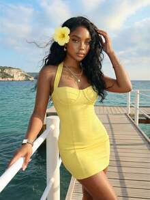 Slaydiva 新款夏季优雅休闲度假修身黄色吊带系带迷你连衣裙。适合日常穿着、音乐节、派对、演唱会、度假、婚礼季、旅行、夜店、机场穿搭、早午餐、波西米亚风、西式风、优雅风、购物、下午茶、约会等场合。 - 淡黃色 - 查看 6