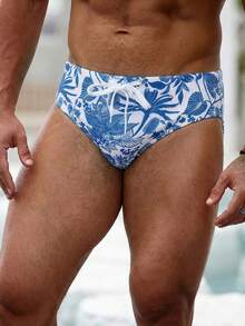 Manfinity Swimmode 1件男士夏季沙滩热带印花三角泳裤 - 藍白色 - 查看 4