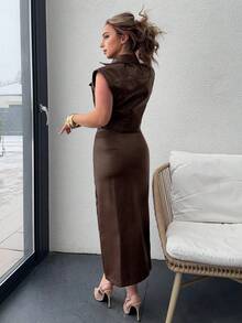 Jeta Ari 女士秋冬PU皮单排扣背心和裙子两件套 - 咖啡棕 - 查看 2