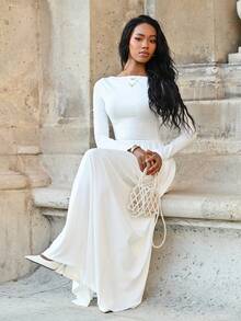 Mima John Đầm trắng tay dài cổ chữ V gợi cảm mới, thích hợp mặc mùa thu đông, giữ ấm, ôm dáng, dự tiệc tốt nghiệp. - trắng - Xem 7