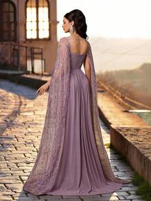 Aureia Elegante y lujoso vestido largo de sirena con hombros descubiertos, bordado con cuentas, con un cuello amplio y fluido, adecuado para festivales, bodas, galas, conciertos, eventos de negocios y ocasiones de influencers en redes sociales - Púrpura malva - Ver 2