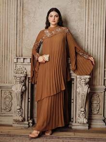 Anewsta Women's New Pleated Elegant Flared Embroidered Khaki Dress, Plus Size - Khaki - View 5