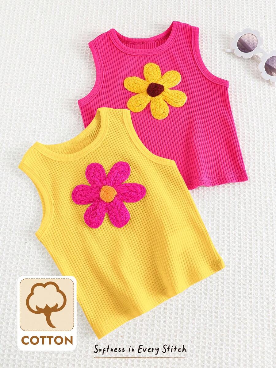 Cozy Pixies 2pcs Baby Girl Floral Print Soft Knit Sleeveless Crew Neck Vest Set - Multicolor - View 1
