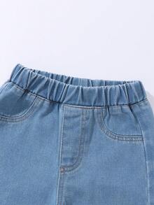 SHEIN Vintaside Kids 幼兒女童男童牛仔褲，返校季藍色柔軟丹寧，寬鬆版型鬆緊腰帶，彩色花卉刺繡設計，寬鬆直筒長褲 - 淺色水洗藍 - 查看 7