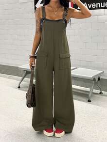 SHEIN HypeZone 女士无袖连体工装裤，夏季街头风 - 軍綠色 - 查看 4