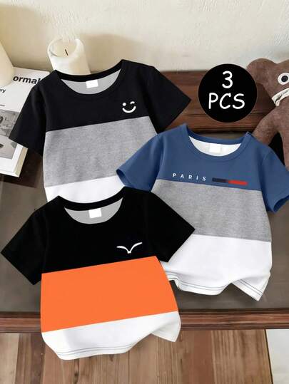 3件套，适合4-7岁男童休闲撞色短袖T恤，图案包括人脸/海鸥/巴黎字母印花，轻薄面料，百搭吸睛，适合日常穿着、上学、休闲、春夏秋季穿着。