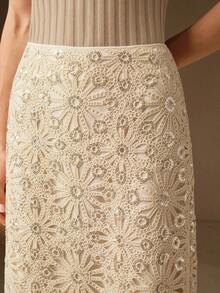 Anewsta 新款春夏优雅时尚度假、约会、情人节、新年、婚礼、派对镂空亮片闪亮长裙，女士款 - 杏色 - 查看 1