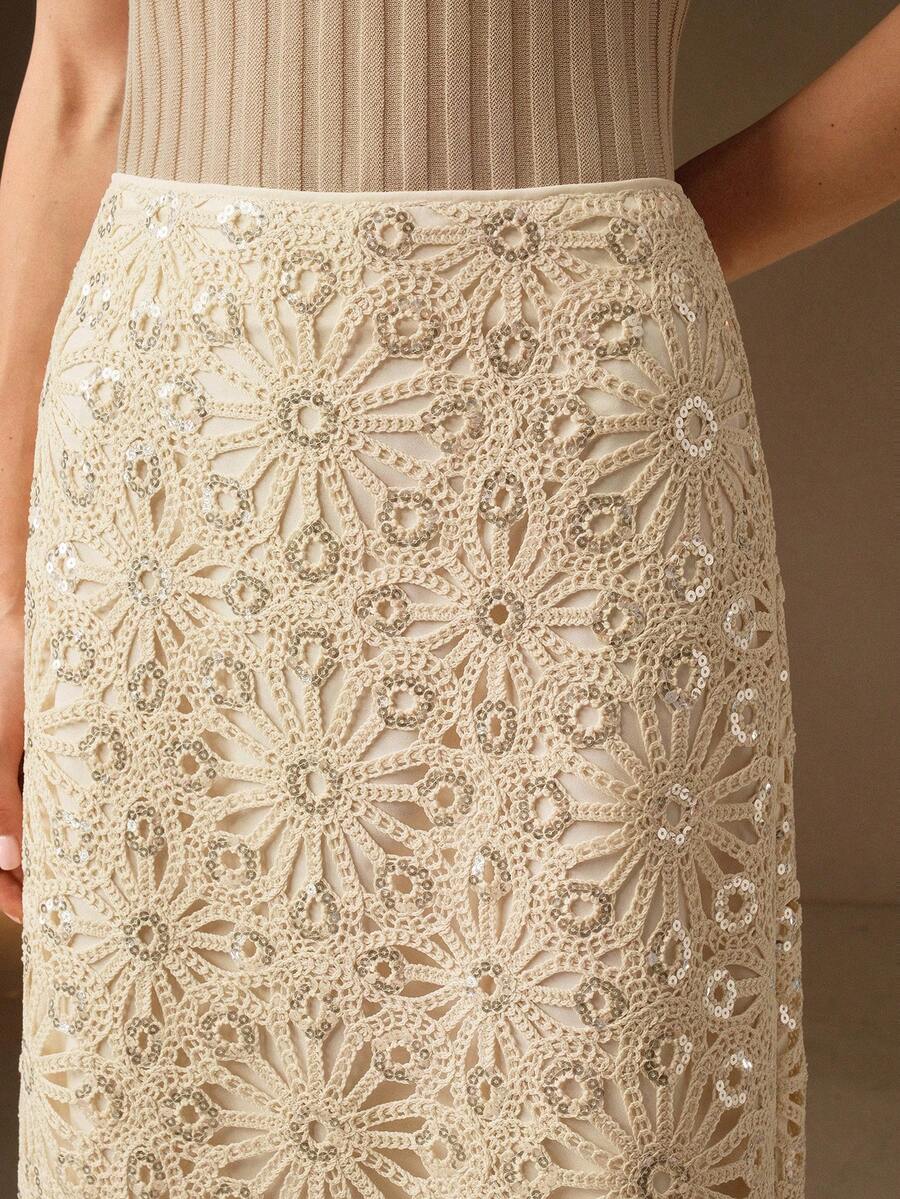 Anewsta 新款春夏优雅时尚度假、约会、情人节、新年、婚礼、派对镂空亮片闪亮长裙，女士款 - 杏色 - 查看 1