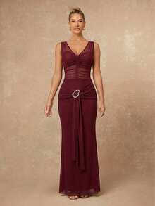 Lumalex Women's Elegant V-Neck Ruched Sleeveless Fitted Flared Maxi Dress With Metal Decor,Burgundy,Summer Dining Formal Evening Gown Wedding Guest Dress - Burgundy - View 7