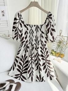 SHEIN EZwear 大码女式树叶印花褶皱休闲连体裤，适合度假和日常穿着 - 彩色 - 查看 1