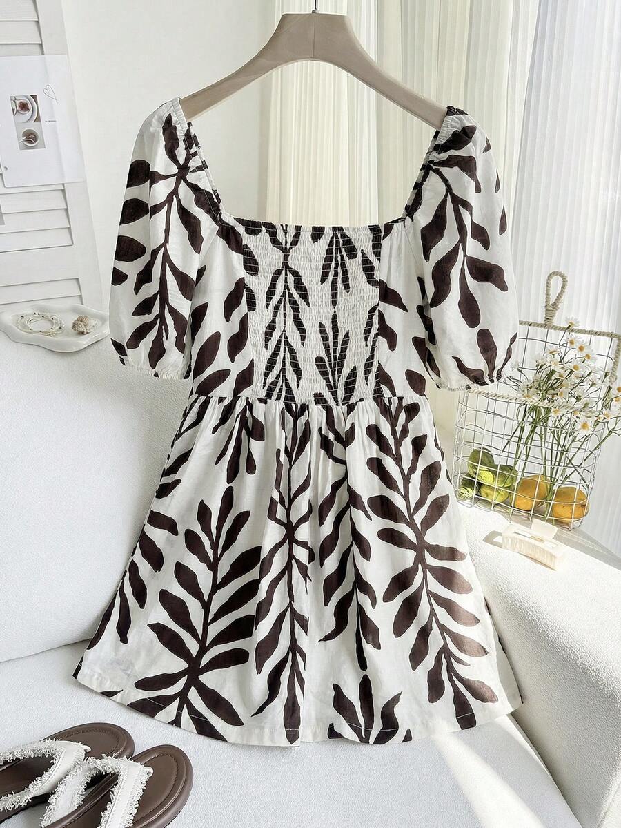 SHEIN EZwear 大码女式树叶印花褶皱休闲连体裤，适合度假和日常穿着 - 彩色 - 查看 1