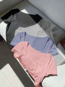 Comfortcana 4pcs/Set Plus Size Summer Square Neck Fitted T-Shirts - Multicolor - View 5