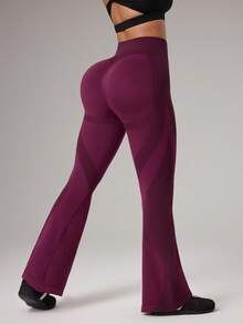 Dewbera Pantalones de yoga sin costuras acampanados, mallas deportivas, ajustados y con pierna acampanada, pantalones deportivos de moda - Burdeos - Ver 5