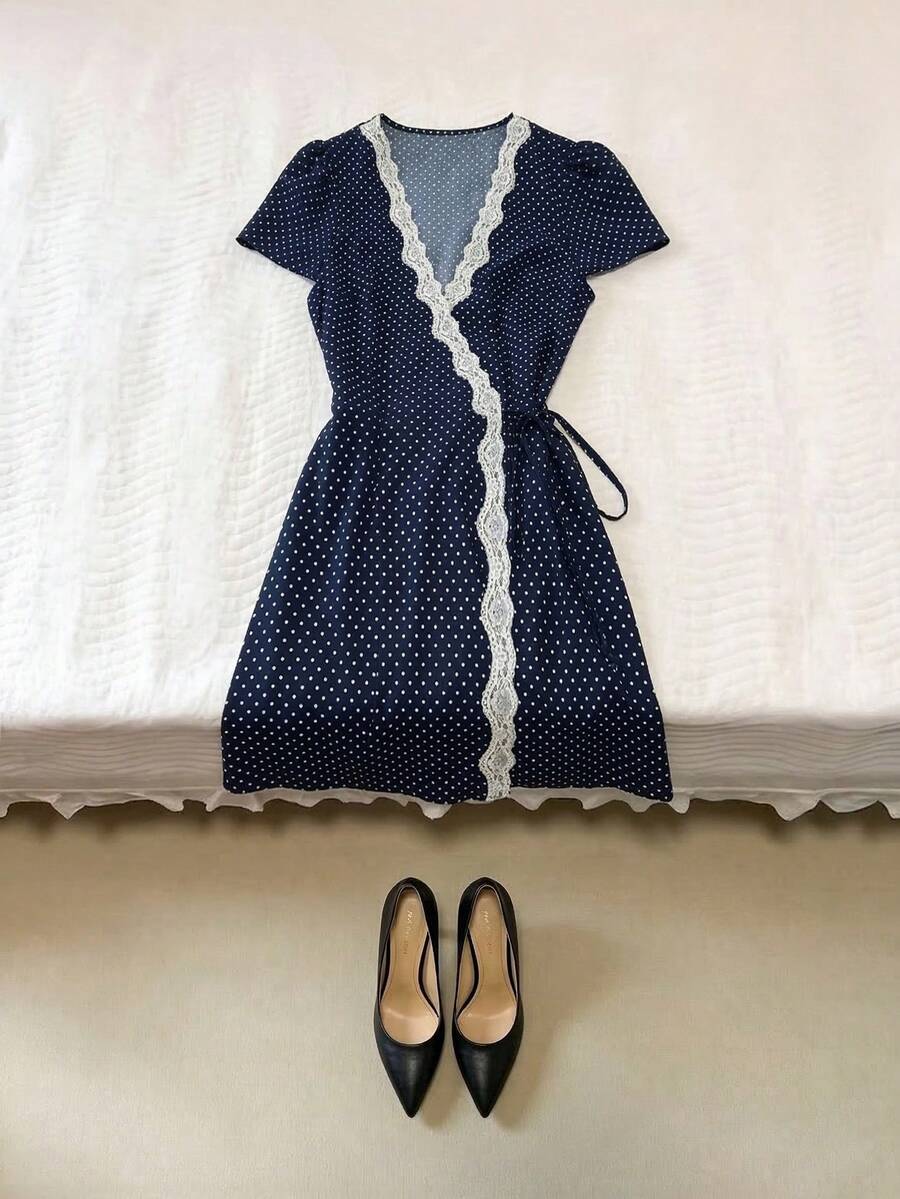 Franclia Fitted Polka Dot Contrast Collar Ruffle Trim Mini One-Piece Dress, Elegant Dress For Women - Blue - View 1