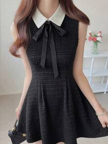 FRIFUL Women's Summer Contrast Color Lapel Waist A-Line Short Dress Sun Dresses For Women - Black - View 6
