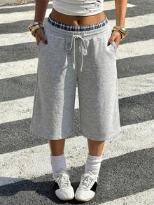 Muchica 夏季穿搭灵感：女士针织美式休闲运动裤，抽绳腰带口袋阔腿百慕大短裤，格子拼接及膝运动裤。灰色短裤，宽松短裤，阔腿短裤，运动短裤，长款短裤 - 灰色 - 查看 5