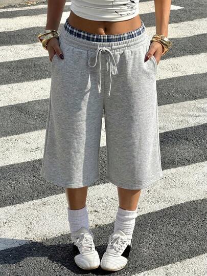 Muchica Summer Outfit Ideas: Women's Knitted American Casual Sports Pants, Drawstring Waistband Pocket Wide-Leg Bermuda Shorts, Plaid Patchwork Knee Length Sweatpants. Gray Shorts Baggy Shorts Wide Leg Shorts Sweat Shorts Long Shorts Comfy Shorts Knee Length Shorts Long Shorts For Women Grey Shorts Short Joggers Knee Shorts For Women Shorts Sweatpant Baggy Capris For Women