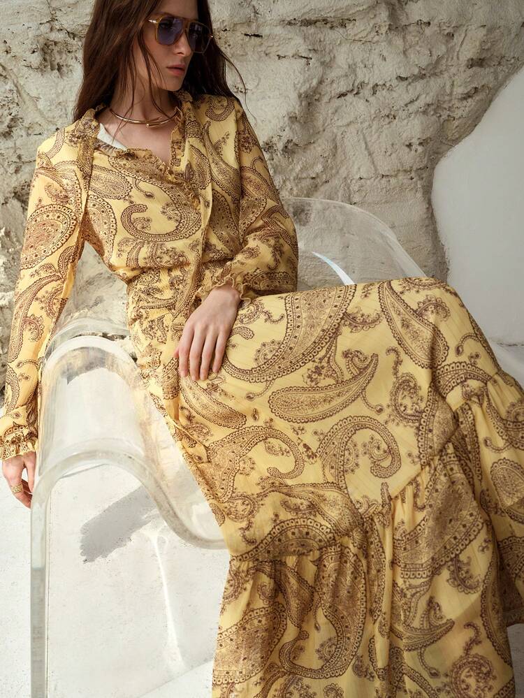 PAISLEY PRINT VACATION STYLE LONG SLEEVE DRESS, SPRING/SUMMER