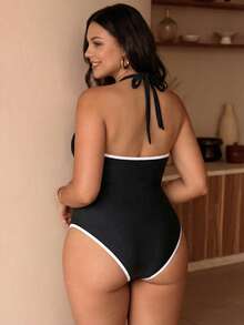Swim Chiccia 2026 New Summer Beach Vacation Elegant Swim SXY Women Deep V-Neck Tie Faux Pearl Decor Contrast Color Casual Beach Bikini Set, Suitable For Summer Beach Vacation Plus Size One-Piece Swimsuit - Black - View 2