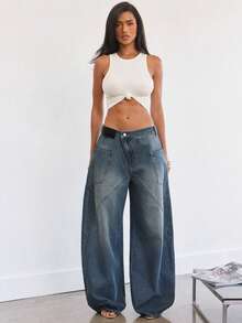 Denimoi Asymmetrical Waist Barrel Leg Jeans Fashionable Streetweat Statement Jeans Barrel Leg Pants - Medium Wash - View 3