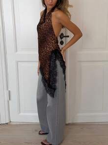 Siren Gaze Top halter sin espalda con dobladillo asimétrico, estampado de leopardo y ribete de encaje, para mujer, para el verano - Multicolor - Ver 6