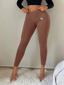 SHEIN SXY Business Casual Embroidered Solid Color Leggings - Coffee Brown - View 5