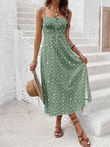 SHEIN Frenchy Casual Minimalist Vacation Bohemian Elegant Romantic Retro Green Ditsy Floral Pattern, Beach Outfit, Vacation Outfit, Women's Summer Outfit, Spaghetti Strap Waist Tie Open Slit Women's Mid-Length Dress - Multicolor - View 3