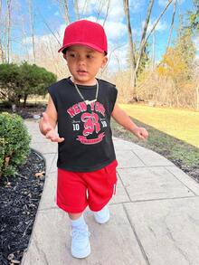 2pcs Baby Boy Black And Red Summer Casual Beach Sports Contrast Color Letter & Graphic Knit Soft Round Neck Pullover Top And Elastic Waist Shorts Set - Multicolor - View 5