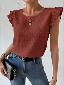 Breezaya Ruffle Collar Solid Color Loose Casual Elegant Blouse For Summer Office Work Rust Brown - Orange - View 4