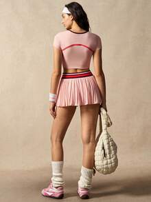 VARSIVA Women's Cropped Top With Contrast Striped Pleated Mini Skirt Pants Sports Suit - Multicolor - View 9