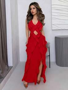 Jemour Summer Beach Spaghetti Straps Sleeveless Ruffle Hem Halterneck Hawaiian Backless Summer Dress,Sundress Party - Red - View 1